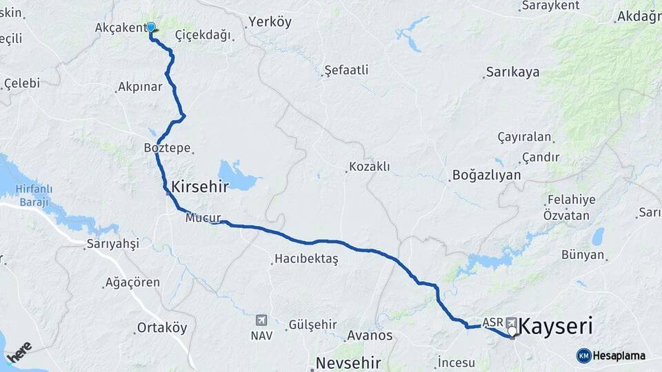 Kırşehir Akçakent Kayseri Arası Kaç Km - Yol Haritası