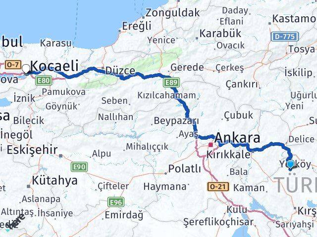 Kırşehir Akçakent Kocaeli Arası Kaç Km - Yol Haritası