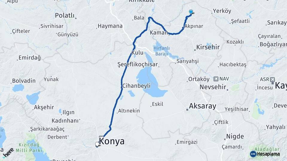 Kırşehir Akçakent Konya Arası Kaç Km - Yol Haritası