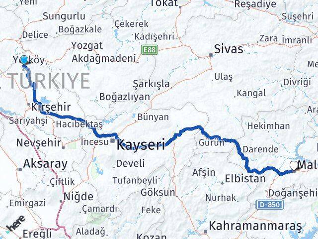 Kırşehir Akçakent Malatya Arası Kaç Km - Yol Haritası