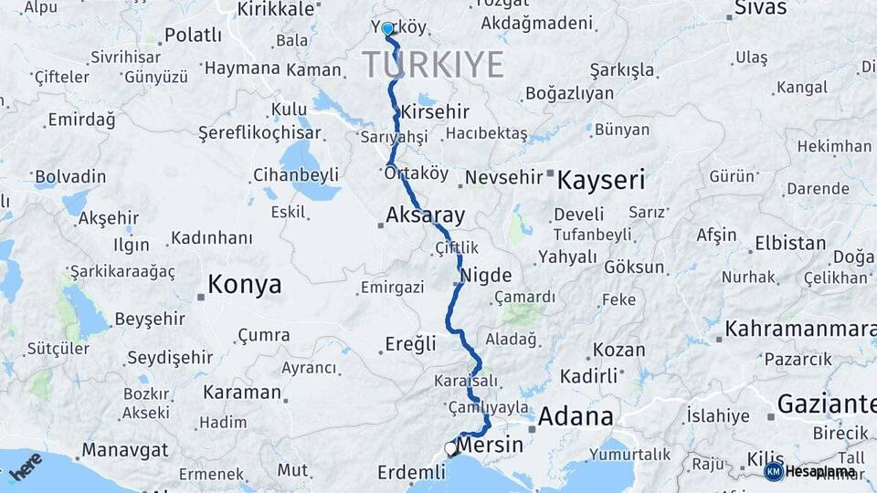 Kırşehir Akçakent Mersin Arası Kaç Km - Yol Haritası