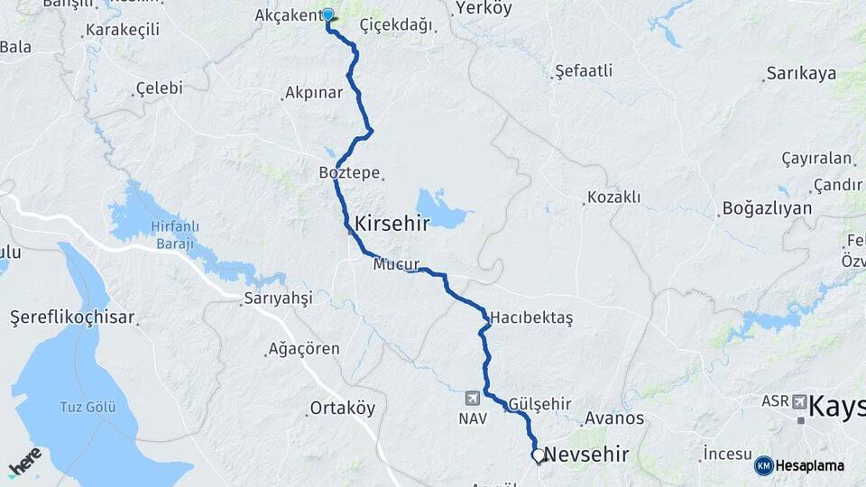 Kırşehir Akçakent Nevşehir Arası Kaç Km - Yol Haritası