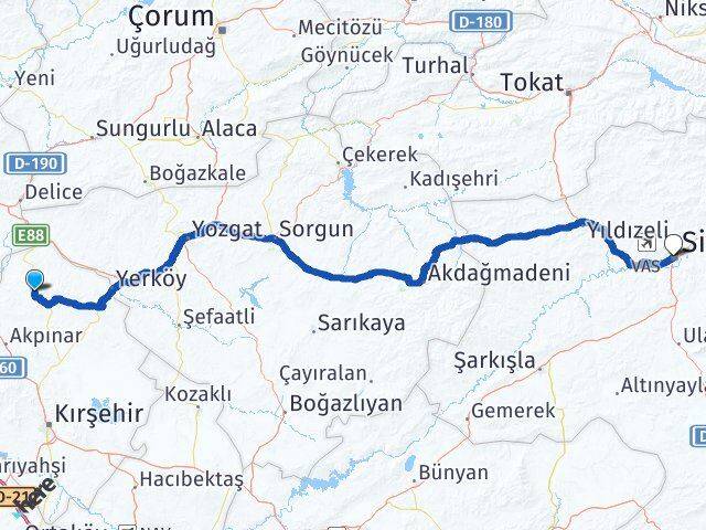 Kırşehir Akçakent Sivas Arası Kaç Km - Yol Haritası
