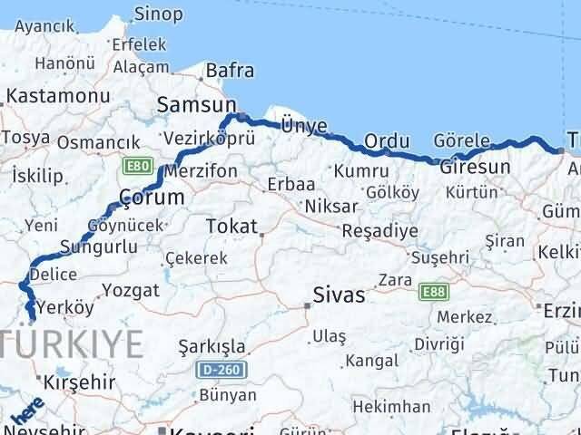 Kırşehir Akçakent Trabzon Arası Kaç Km - Yol Haritası
