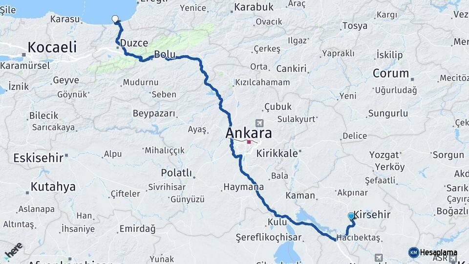 Kırşehir Akçakoca Düzce Arası Kaç Km - Yol Haritası