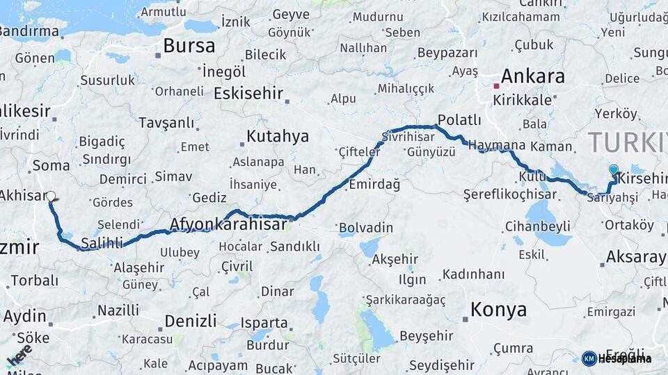 Kırşehir Akhisar Manisa Arası Kaç Km - Yol Haritası