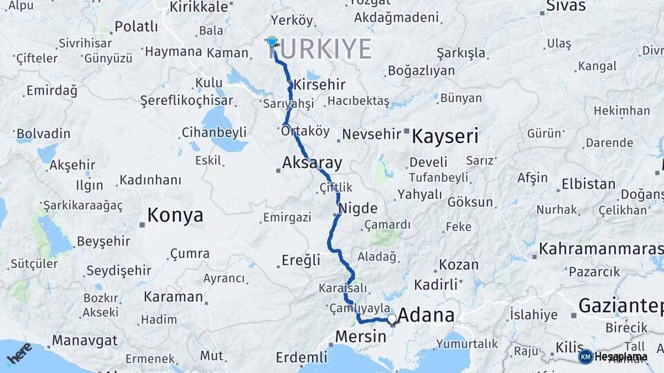 Kırşehir Akpınar Adana Arası Kaç Km - Yol Haritası