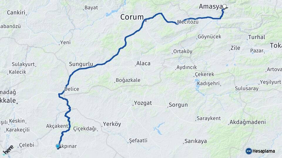 Kırşehir Akpınar Amasya Arası Kaç Km - Yol Haritası