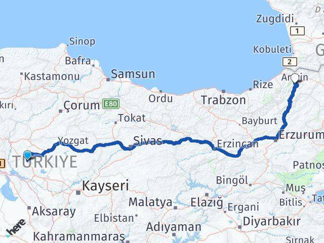 Kırşehir Akpınar Artvin Arası Kaç Km - Yol Haritası