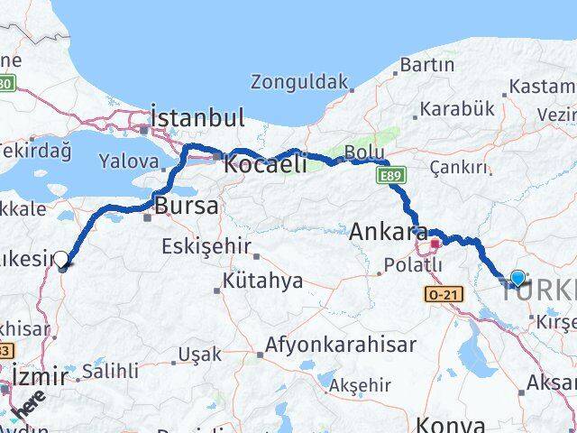 Kırşehir Akpınar Balıkesir Arası Kaç Km - Yol Haritası
