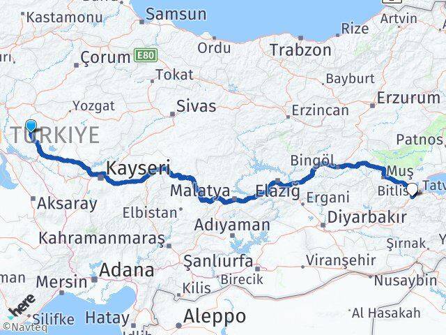 Kırşehir Akpınar Bitlis Arası Kaç Km - Yol Haritası