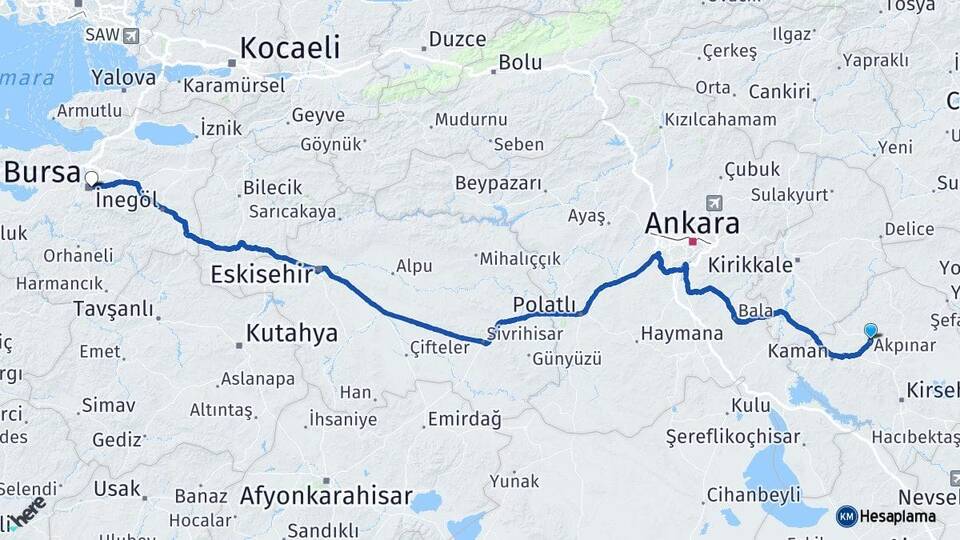 Kırşehir Akpınar Bursa Arası Kaç Km - Yol Haritası