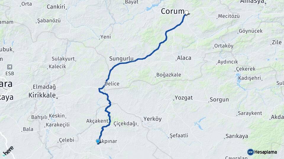 Kırşehir Akpınar Çorum Arası Kaç Km - Yol Haritası