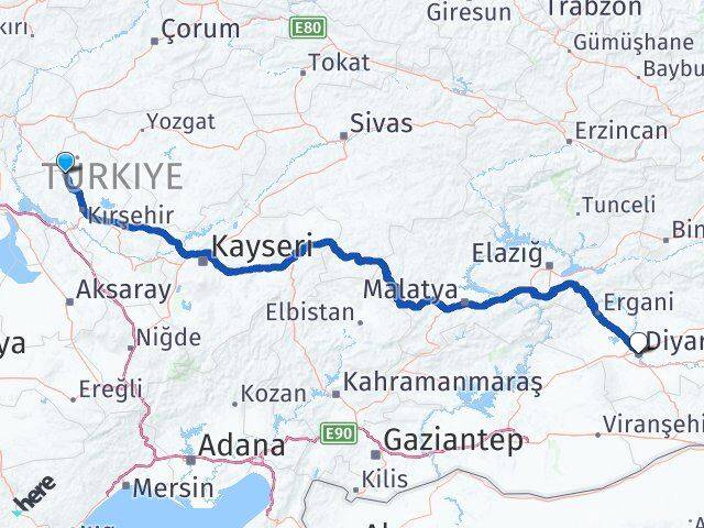Kırşehir Akpınar Diyarbakır Arası Kaç Km - Yol Haritası
