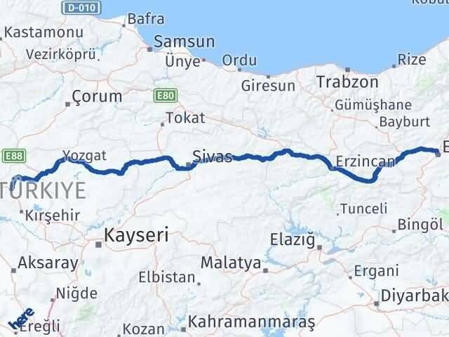 Kırşehir Akpınar Erzurum Arası Kaç Km - Yol Haritası