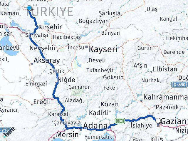 Kırşehir Akpınar Gaziantep Arası Kaç Km - Yol Haritası