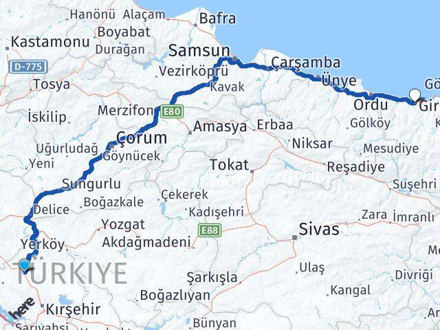 Kırşehir Akpınar Giresun Arası Kaç Km - Yol Haritası