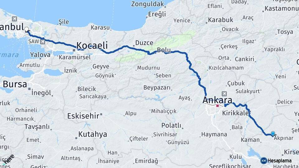 Kırşehir Akpınar İstanbul Arası Kaç Km - Yol Haritası