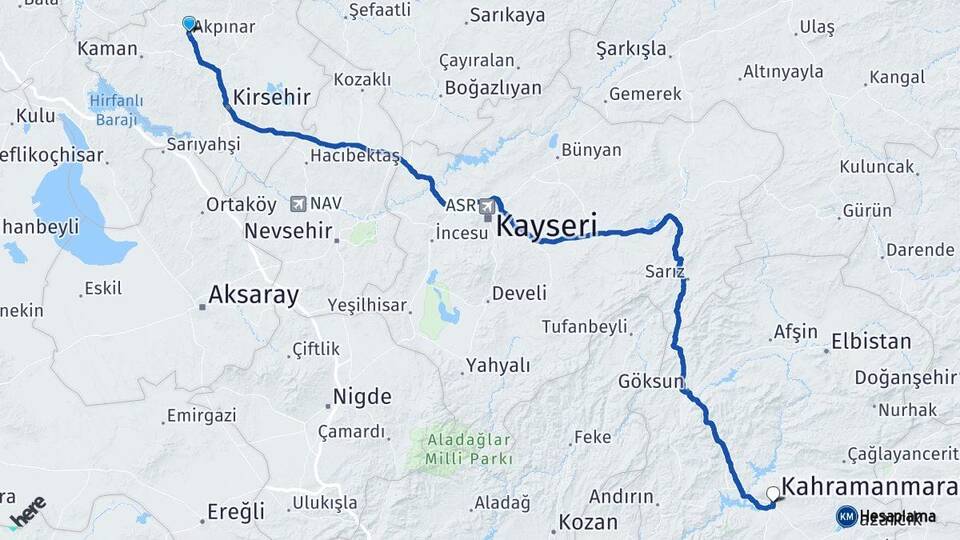 Kırşehir Akpınar Kahramanmaraş Arası Kaç Km - Yol Haritası