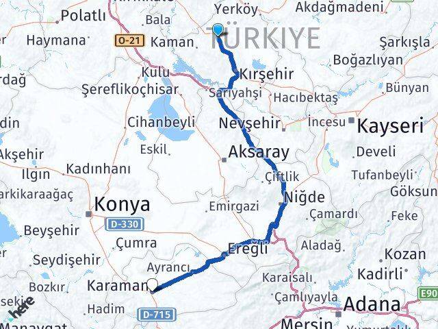 Kırşehir Akpınar Karaman Arası Kaç Km - Yol Haritası
