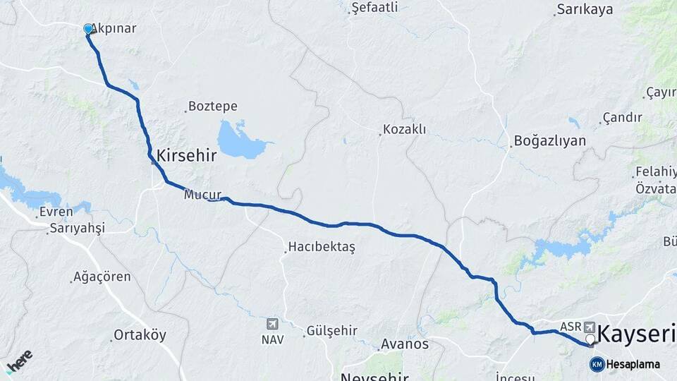 Kırşehir Akpınar Kayseri Arası Kaç Km - Yol Haritası