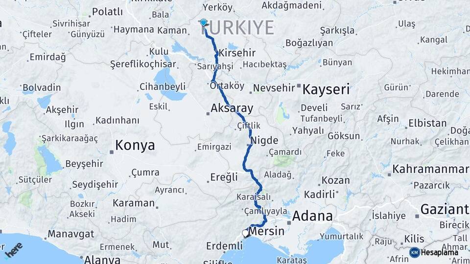 Kırşehir Akpınar Mersin Arası Kaç Km - Yol Haritası