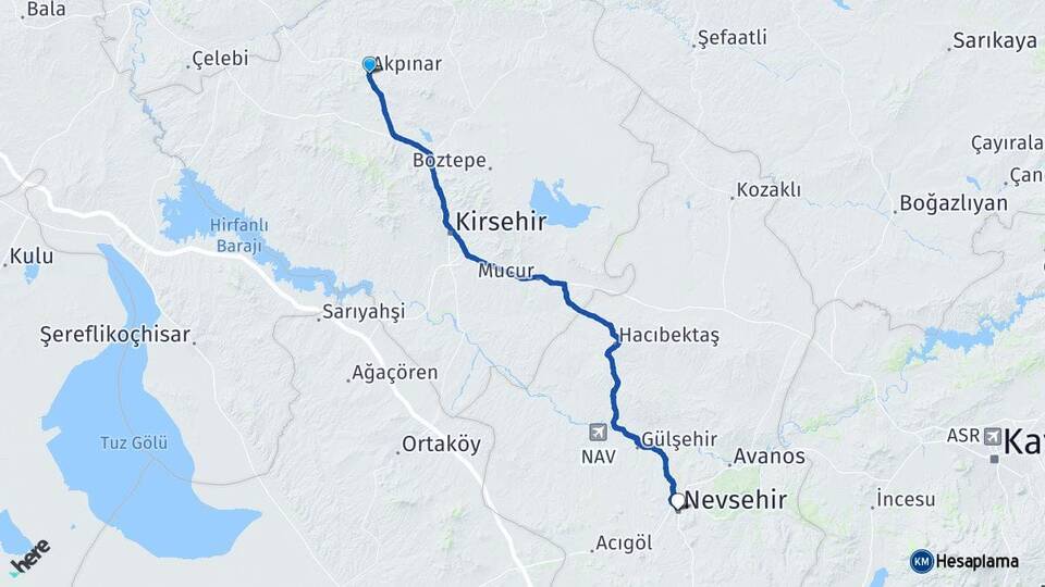 Kırşehir Akpınar Nevşehir Arası Kaç Km - Yol Haritası