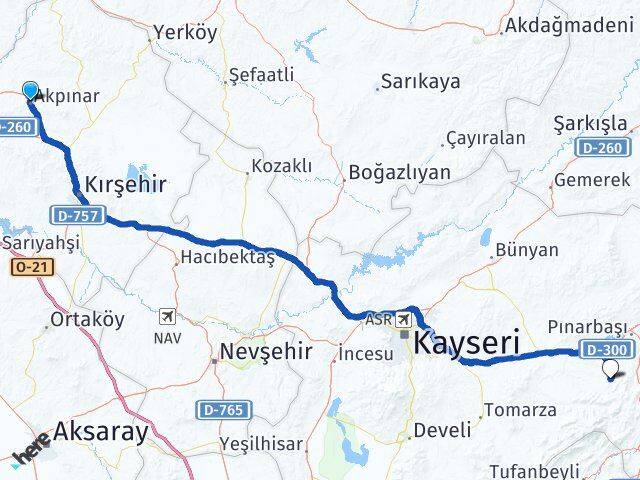 Kırşehir Akpınar Pınarbaşı Kayseri Arası Kaç Km - Yol Haritası