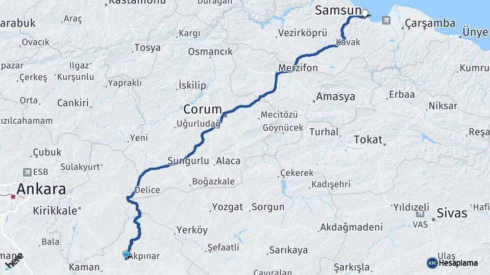 Kırşehir Akpınar Samsun Arası Kaç Km - Yol Haritası