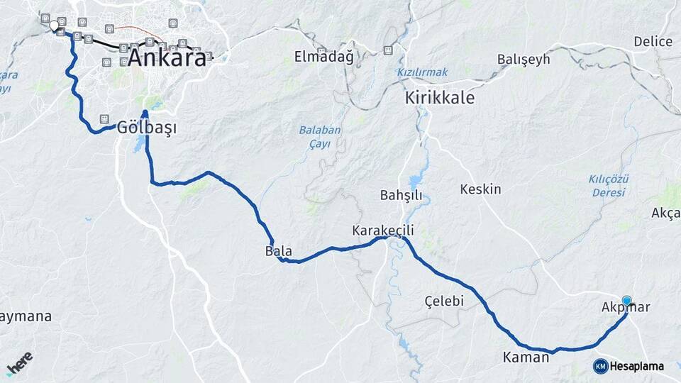 Kırşehir Akpınar Sincan Ankara Arası Kaç Km - Yol Haritası
