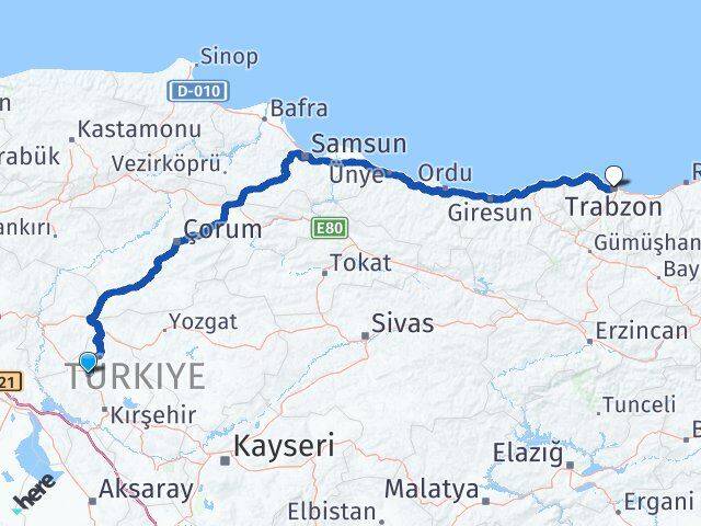 Kırşehir Akpınar Trabzon Arası Kaç Km - Yol Haritası