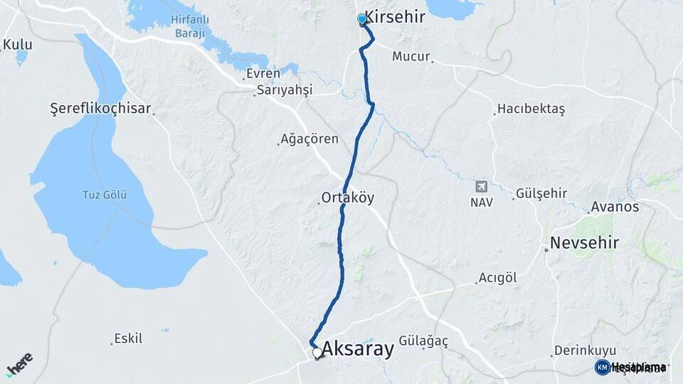 Kırşehir Aksaray Arası Kaç Km - Yol Haritası