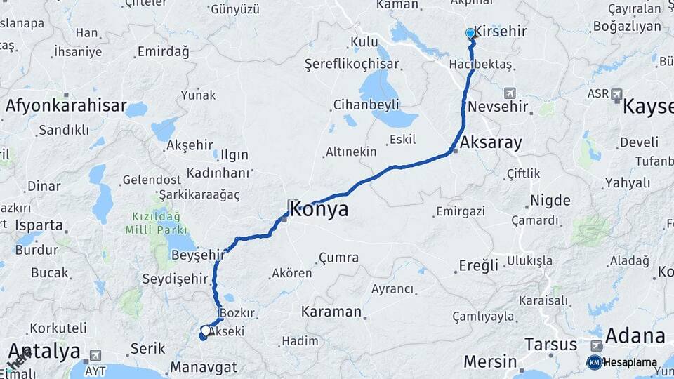 Kırşehir Akseki Antalya Arası Kaç Km - Yol Haritası