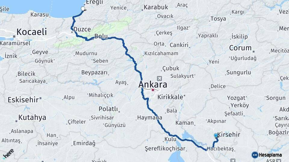Kırşehir Alaplı Zonguldak Arası Kaç Km - Yol Haritası