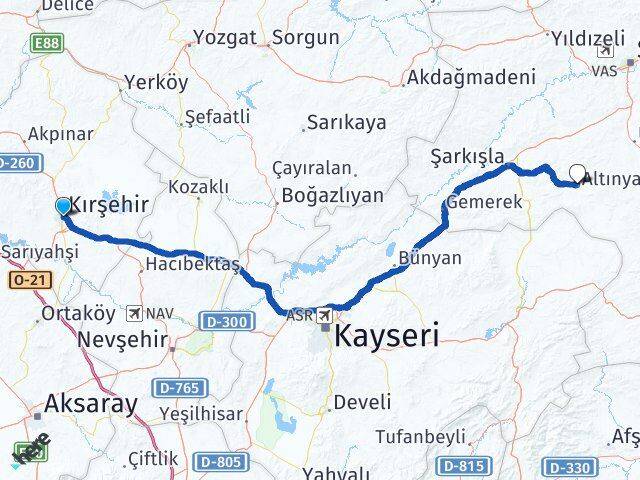 Kırşehir Altınyayla Sivas Arası Kaç Km - Yol Haritası
