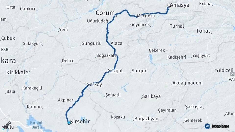 Kırşehir Amasya Arası Kaç Km - Yol Haritası