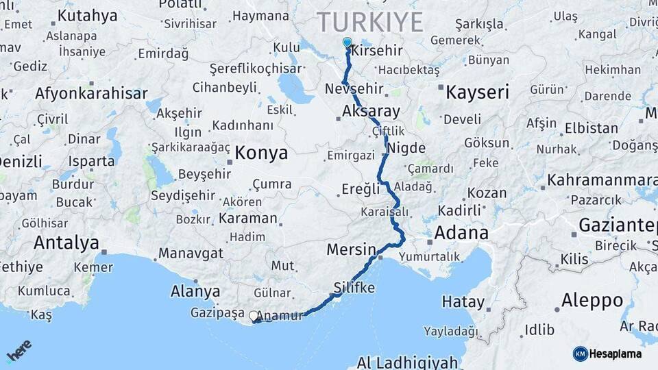 Kırşehir Anamur Mersin Arası Kaç Km - Yol Haritası