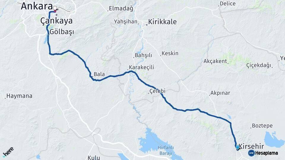 Kırşehir Ankara Arası Kaç Km - Yol Haritası