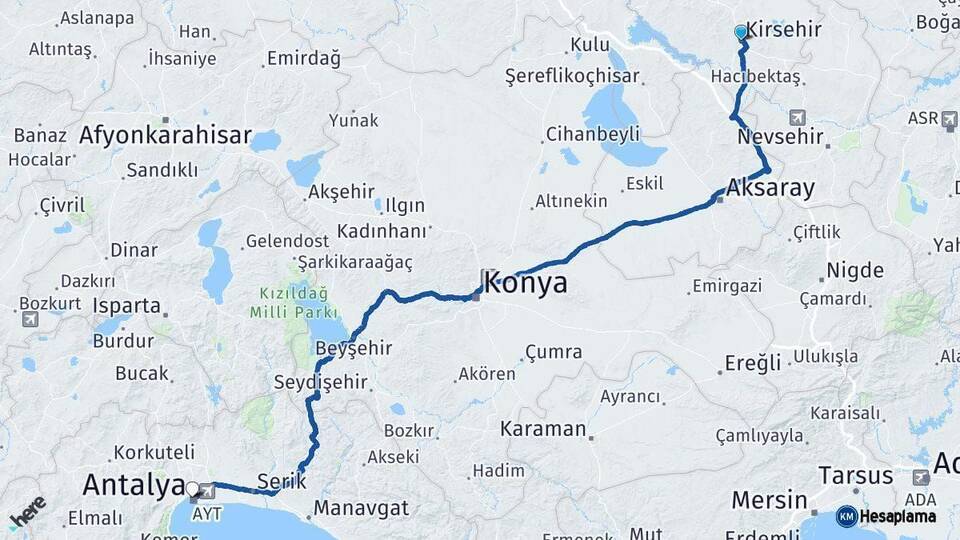 Kırşehir Antalya Arası Kaç Km - Yol Haritası