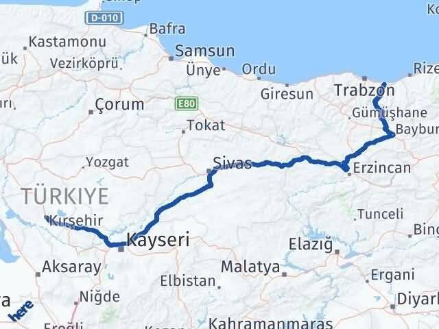 Kırşehir Araklı Trabzon Arası Kaç Km - Yol Haritası