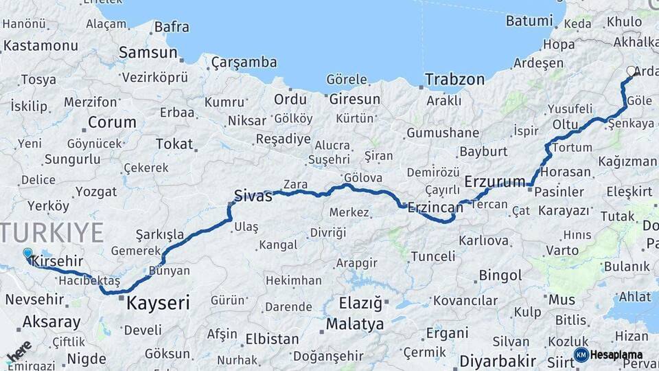 Kırşehir Ardahan Arası Kaç Km - Yol Haritası