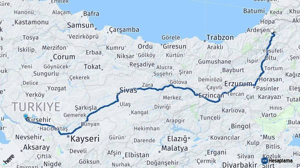 Kırşehir Artvin Arası Kaç Km - Yol Haritası