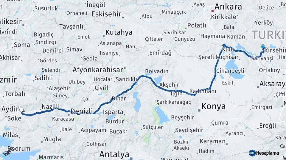 Kırşehir Aydın Arası Kaç Km - Yol Haritası