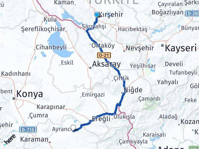 Kırşehir Ayrancı Karaman Arası Kaç Km - Yol Haritası