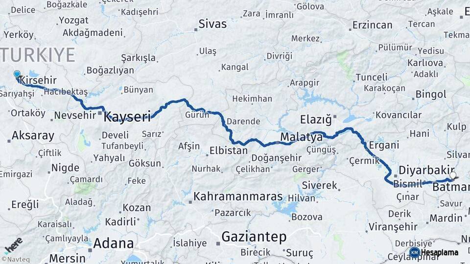 Kırşehir Batman Arası Kaç Km - Yol Haritası