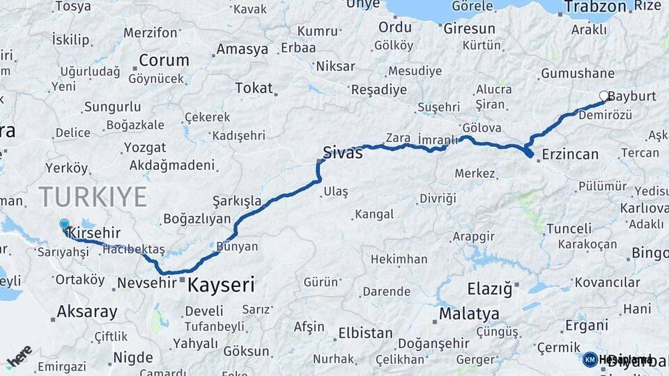 Kırşehir Bayburt Arası Kaç Km - Yol Haritası