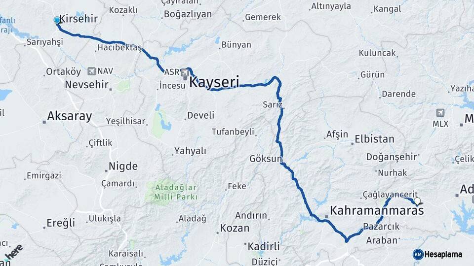 Kırşehir Besni Adıyaman Arası Kaç Km - Yol Haritası