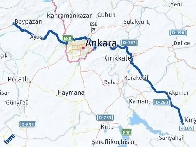 Kırşehir Beypazarı Ankara Arası Kaç Km - Yol Haritası