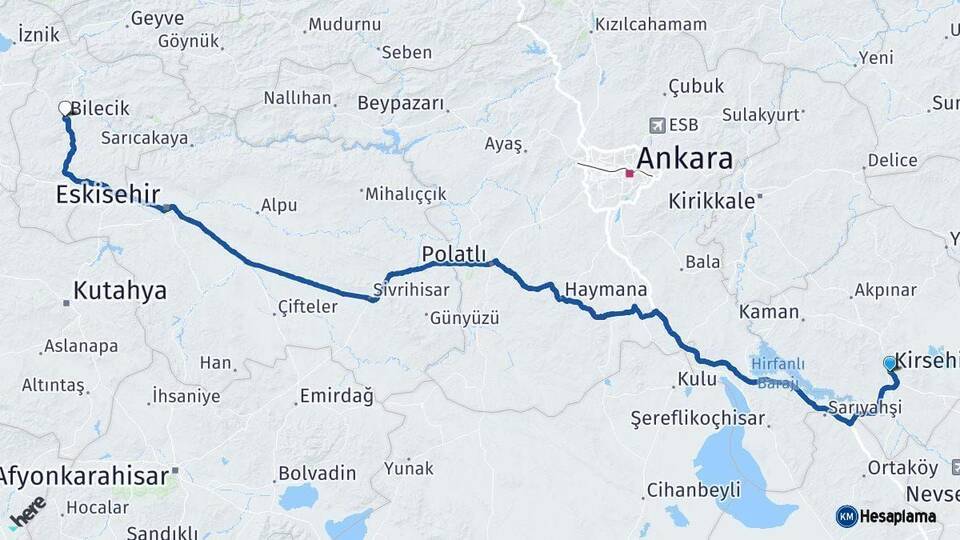Kırşehir Bilecik Arası Kaç Km - Yol Haritası