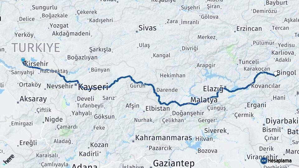 Kırşehir Bingöl Arası Kaç Km - Yol Haritası